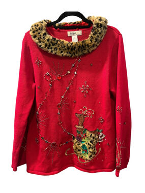 Vtg Kikit Ugly Christmas Sweater L Red Faux Fur Leopard Collar Beaded Reindeer